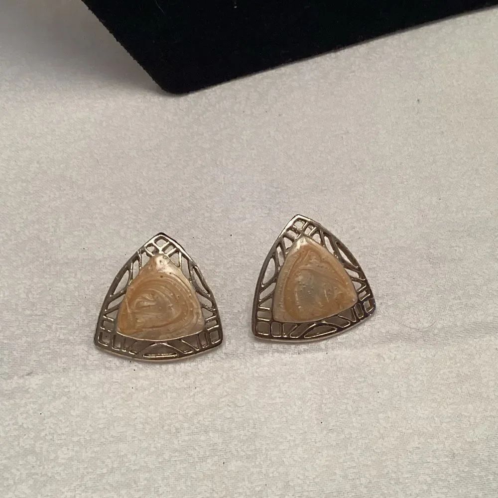 Goldtone Triangular Earrings with Yellow Swirl Enamel - Post